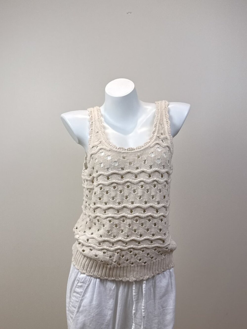 Splendid Cream Open Knit Cable Tank Top Crochet Openwork Sweater Womens L